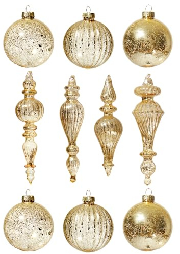 DN DECONATION Christbaumkugeln Set 10-teilig, Glaskugeln mit Mercury-Optik | mit Vintage Mercury-Optik in Champagner Gold, Weihnachtsbaumschmuck für Tannenbaum-Deko, Hochzeit & Fest (Tropfen & Kugeln)