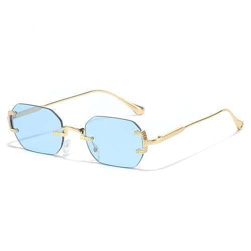 QVKUUT Achteckige Randlose Sonnenbrille für Damen Herren,UV400 Schutz,Gold Metallrahmen Brille (Blau)