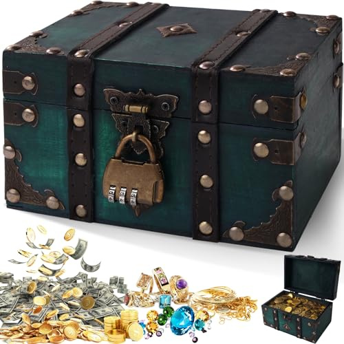 Otauoaea Scrigno del Tesoro Vintage, Forziere del Tesoro Pirata catola in Legno con Coperchio e Lucchetto, Baule legno Piccolo per La Memorizzazione Di Cambiamenti, Gioielli, Decorazioni(Verde)