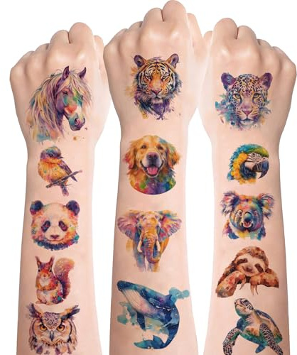 Wasserfarben Tiere Tattoos für Kinder,10 Blätt Aquarell Bunt Tiere Temporäre Tattoos Mädchen Jungen,Hautfreundlich Kindertattoos Aufkleber Körper Arm Schulter Tattoos Sticker, Geburtstags Party Deko