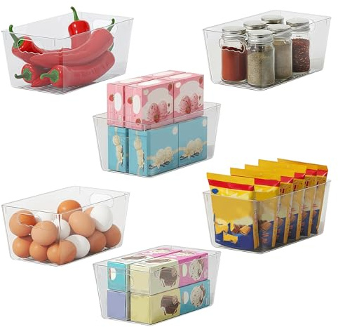 SWTOIPIG Set di 6 Contenitori Frigo Trasparenti con Manici 24x13x11 cm | Organizer salvaspazio in plastica senza BPA con comodi manici. Soluzione ideale per piccole confezioni e scaffali.