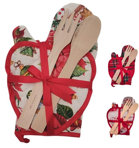 Set Natale in Cucina Made in Italy – Guanto da Forno + Presina a Cuore + 2 Utensili in Legno di Faggio – Tessuto 50% Cotone 50% Poliestere – Idea Regalo Natale Cucina – Vari Colori (Stella di Natale)