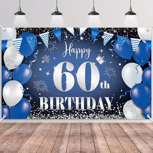 60.Geburtstag Banner Navy Blau Schwarz Silber, Stoff Geburtstag Banner Hintergrund, Geburtstag Dekoration für Männer zur 60. Geburtstagsfeier Deko | Happy 60 Years Dekorationen Stoff Hintergrund 180 × 110 cm Foto Hintergrund Schilder für Herren 60. Geburtstag Party Dekor