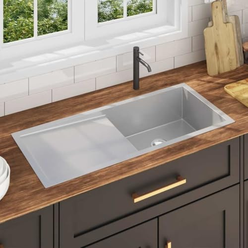 Fregadero De Cocina De Acero Inoxidable Cepillado Hecho A Mano, Con Escurridor, Insonorización Y Drenaje En X, kitchen sink, Fregadero Bajo Encimera, Apto Para Cocinas y Lavaderos, Plata, 100x44x20 cm