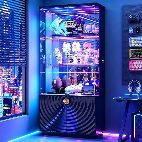 180CM RGB Glass Display Cabinets with Human Sensor for Living Room,Black | Curio Cabinet with Lights,Standing display case with Lockable Glass Door for Collectibles,Curio,Wine,Models,Bedroom