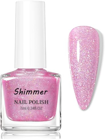 Iridescent Glitzer Nagellack Rosa- Schnell Trocknend Nagellack Silber - Nagelack Langanhaltend mit Rainbow Schimmer- Aufbaubarer Nagellacke Rosa Glitzer - Glänzend Nail Polish für Frauen(Pink, 7ml)