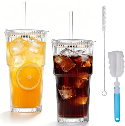 XPJBKC Iced Coffee Cup 600ml 2 Pack, Glass Cups with Lids and Straws, Ribbed Glass Tumblers with Straw Brush, Clear Reusable Glassware Set for Coffee Matcha Cocktail Milk Cold or Hot Drinks