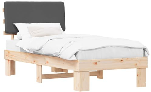 QJBSAVVA Bettgestell 75x190 cm mit gepolstertem Kopfteil, Einzelbett Dunkelgrau aus Massivholz Kiefer, Modernes Plattform Bett ohne Boxspring für Jugendzimmer und Gästezimmer