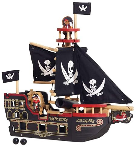 Le Toy Van – Pädagogisches Pirates Collection Piratenschiff „Barbarossa“ aus Holz, mit Kanone, Kanonenkugeln, Planke, Falltür und Anker | Rollenspiel Piratenspielzeug, TV246