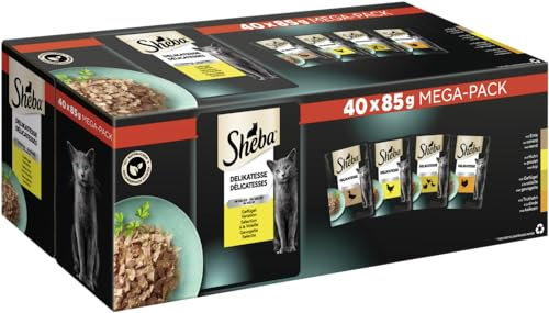 Sheba DELIKATESSE Multipack Mega Pack Portionsbeutel Geflügel Variation in Gelee 40x85g, Katzenfutter, Nassfutter