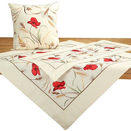 Quinnyshop Rot Klatschmohn Getreide Tischdecke Mitteldecke Polyester, Creme - ca. 85 x 85 cm Quadratisch