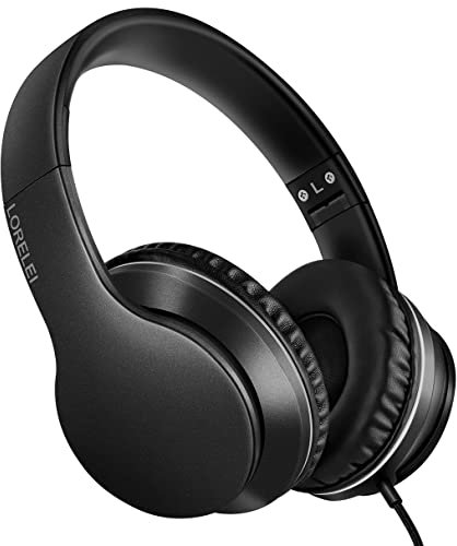 LORELEI X6 Over-Ear Headphones With Microphone, Lightweight Foldable & Portable Stereo Bass With 1.45M No-Tangle, Wired for Smartphone Tablet MP3/4 (Space Black)
