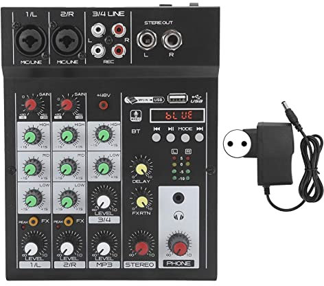 Mischkonsole/Mischpult, Tragbare 4 Kanal Digitaler Audiokonsole, BT Mischkonsole, Eingebauter Reverb Effekt, für Heim Karaoke, Webcast, Musikaufnahme usw.