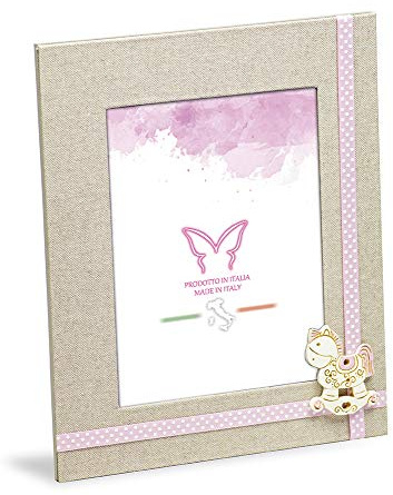 Corcnice Portafoto da Tavolo 13x18 Baby, tessuto lino ecru con applicazione nastro e cavallo a dondolo rosa