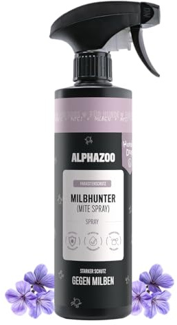 alphazoo Milbhunter Spray für Hunde 500ml - mit Zitronen-Eukalyptus & Geraniol. Wirkt zuverlässig gegen Milben & pflegt die Haut. Natürliche Inhaltsstoffe. Ideal für die regelmäßige Anwendung