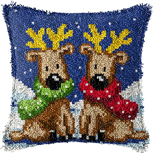 ZUHK Christmas Latch Hook Kits ​with Christmas Pattern Printed Canvas Crochet Gift Cross Stitch Sofa Cushion Cover Tool fit for Kids and Adults,43x43 cm (Elk B)