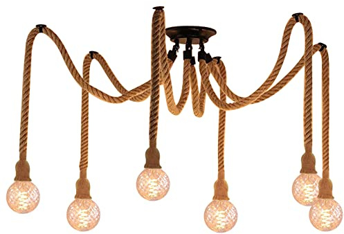 Hotloop Hanfseil Retro-Industrie Pendelleuchte Handgefertigten Lampenkabel mit 6 Lichter, E27 Esszimmerlampe Vintage Deckenleuchte Deckenlampe für Edison-Leuchte Restaurant DIY Esstisch Landhaus