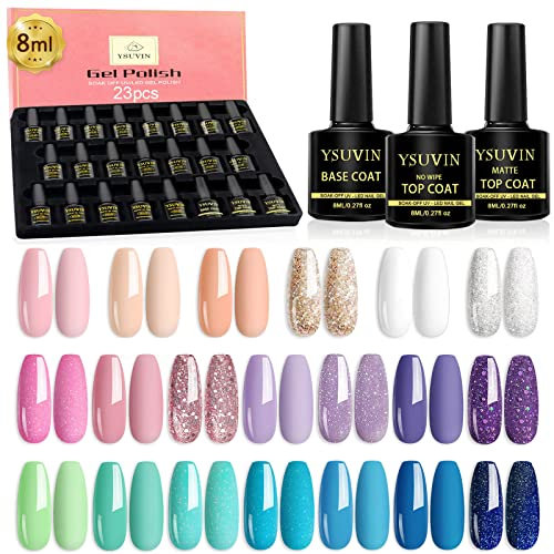 YSUVIN UV Nagellack 23 Stück, UV Nagellack & Unterlack & Überlack, Weiß Rosa Nude Blau Lila Glitzer UV Gel Set Soak-off Gellack für Anfänger Zuhause DIY Nail Art Salon Maniküre Kit, 8ML
