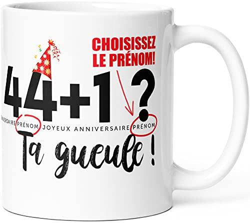 Mug Personnalisable Anniversaire 45 ans + Prénom Humour Tasse Message Drôle Personnalisé. Idée Cadeau Original pour Homme Femme Ami Collègue Copain Copine Anniversaire Quarante-Cinq ans Quarantaine.