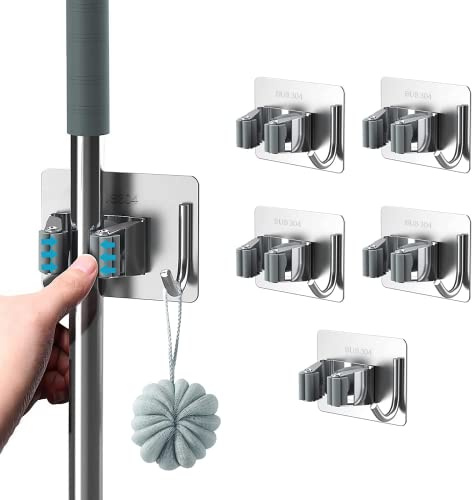 LONENESSL Mop Broom Holder, 5 Pcs Stainless Steel Self Adhesive Mop Holder Wall Mounted with Hooks,Broom Holder Wall Mounted for Bathroom, Office, Kitchen, Closet, Garage(Silver)