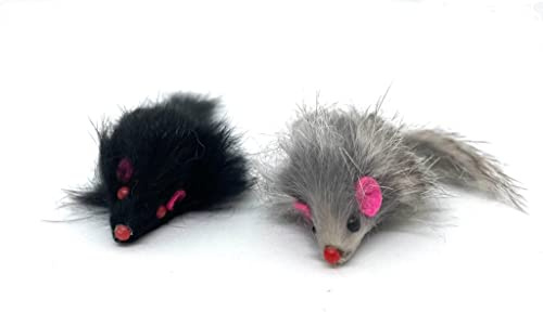 Fellefant Katzenspielzeug Maus – echte Hasenfell-Mäuse mit Rassel – schwarz/grau – hoher Beutereiz & Spielspaß, 2er-Set