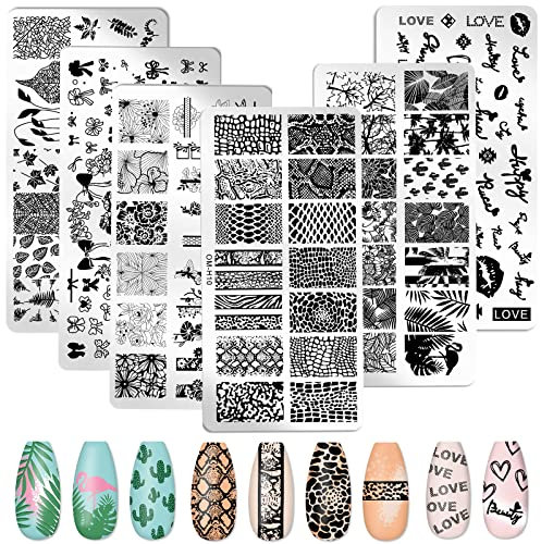 MWOOT 6 Stücke Nagel Schablone Stempel, Herz Bogen Blume Buchstabe Blatt Schlange Thema Nagel Kunst Stempelplatte, Nail Art Plates Nagelstempel Maniküre Tool Kit