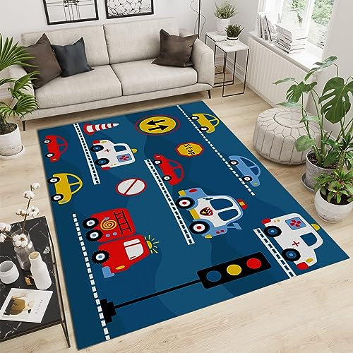 TEMLAN Cartoon-Spielzeugauto Teppiche Gegend, Polizeiauto, Krankenwagen, Feuerwehrauto Kinderteppich für Drinnen und Draußen Terrasse Balkon Garten Wohnzimmer 80 x 150cm