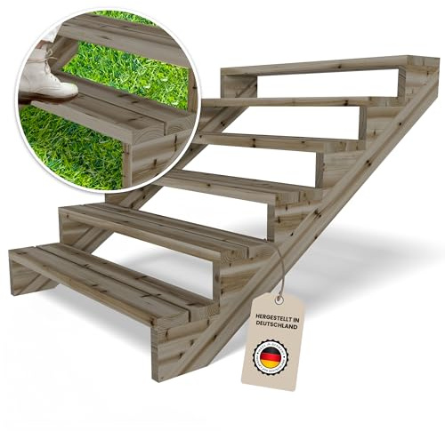 Gartenwelt Riegelsberger Escalier de terrasse Largeur 120 cm Escalier avec 6 marches Hauteur d'étage 106 cm En pin massif imprégné sous pression Kit complet de joues, planches et vis Vert