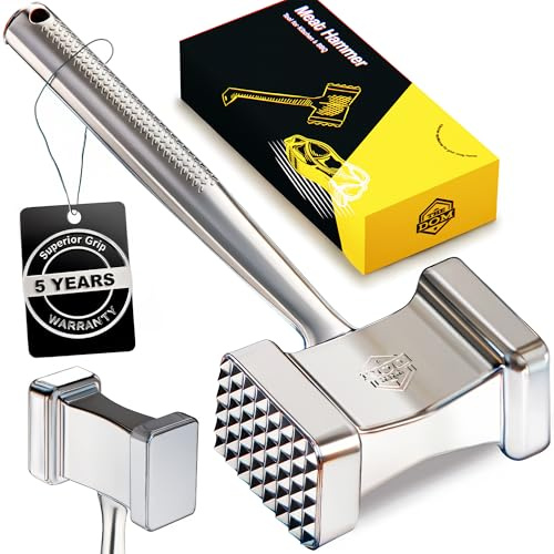 100% Stainless Steel Meat Mallet Hammer Tenderizer, Textured Grip for Superior Control, 1.15lb Single-Piece Chicken Pounder, Large Surface for Faster Tenderizing, 5-Year Warranty, Ablandador de carne