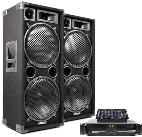 VONYX Max SP212 Dual 12 Passive DJ Speaker Kit with STM-3007 Bluetooth Mixer, SKY-3000MKII Amplifier and Cable Set - Complete DJ PA System Package