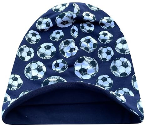 Wollhuhn Öko Warme Kuschelige Winter Jungen/Mädchen Winter Long Beanie-Mütze Mit Fleecefutter Versch. Motive (aus Öko-Stoffen, Bio) 20220666 (Fußball Blau, L)