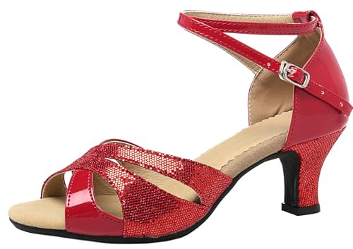 WUIWUIYU Women Dance Shoes 2.2 Ankle Strap Dancing Heels for Ballroom Salsa Tango Flamenco Latin Paso Doble Footwears Red Size 10