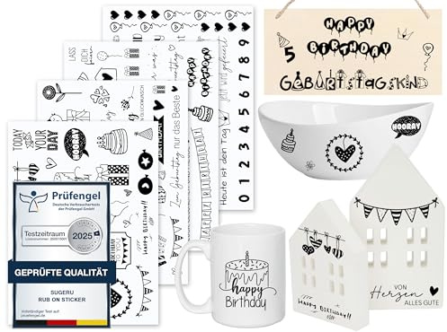 Sugeru Rub On Sticker - 4PCS Set | Sprüche Deko für Geburtstag, Keraflott, Hochzeit, Familie | Rub On Folie für Möbel, Glas,Holz,Fotoalbum,Gästebuch,DIY-Dekoration | Aufkleber Aesthetic (Geburtstag)