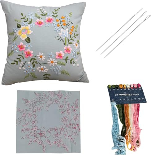YangHaoDiSY Kit de housses de coussin brodées à faire soi-même - Motif floral - Décoration de la maison - Housse de coussin à faire soi-même pour les débutants (bleu clair)