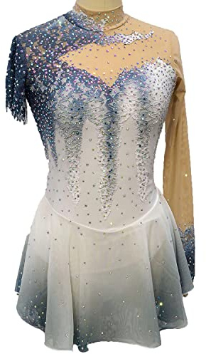 YDHTIZ Professionelles Eiskunstlauf Kleid Mesh Rock Mädchen Trikots Mit Farbverlauf Für Rhythmische Gymnastik Einzelärmel Wettbewerbsleistung,Weiß,S