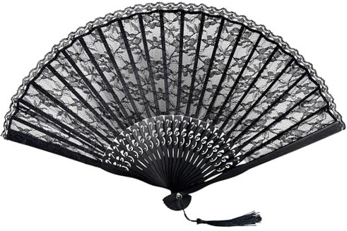 Vintage Fächer - Faltbarer Spitzenfächer mit Holzgriff für Hochzeit, Party und Tanzen - Home Decorative Requisiten in Schwarz