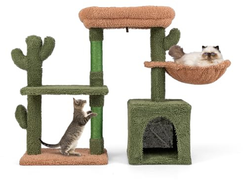 GOPLUS Arbre à Chat en Forme de Cactus 81cm, Perchoir en Peluche, Hamac Confortable, Condo, Poteaux à Gratter Recouverts de Sisal, Coussins Lavables, Centre d’Activités pour Chats d'Intérieur