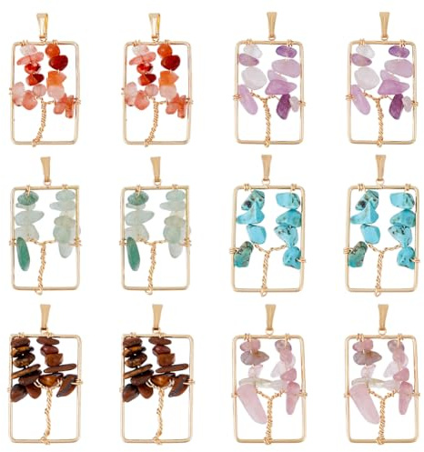 SUPERFINDINGS 12 pz Gemstone Albero della Vita Ciondolo Quadrato, Pietra di Cristallo Ciondolo Filo di Rame Wrap per Orecchini Collana Albero della Vita Chakra gingilli Regali di Charme per fidanzate