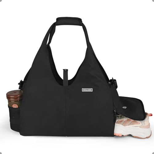 HUALIANG Sporttasche Damen, 25L Yogatasche Groß Reisetasche mit Schuhfach, Tragetasche Herren Sport Gym Yoga Bag für Yogamatten, Schwimmtasche für Gym Yoga Sauna Shopping Schwarz
