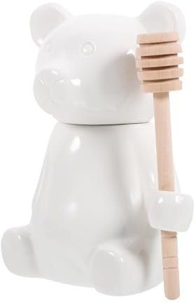 OFFSCH Ceramic Bear Shape Honey Jar Wood Dipper Stick Embossed White Porcelain Honey Pot for Kitchen and Table Use