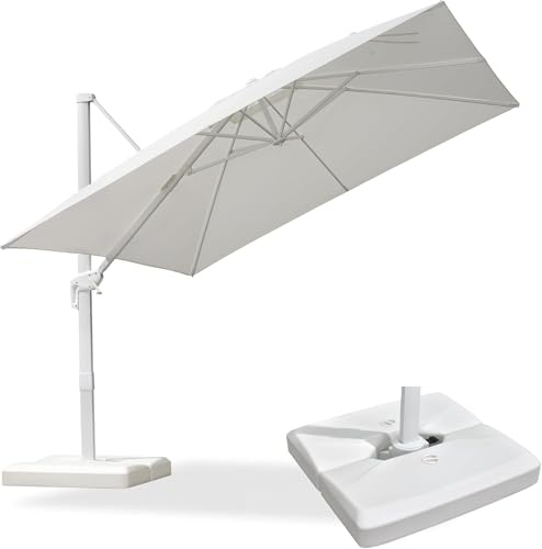 PURPLE LEAF Ombrellone da Giardino Esterno 3 X 3 m con Base, Ombrellone Decentrato in Alluminio Tela 240 g/m² Protezione UPF 50+, Inclinabile e Rotabile a 360°, Bianco