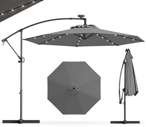GOPLUS Parasol Déporté 3x3M, Grand Parasol de Jardin Extérieur avec 32 LED Solaires, 8 Baleines, Protection Solaire, Toile Inclinable, Rotatif à 360° pour Balon Patio Terrasse