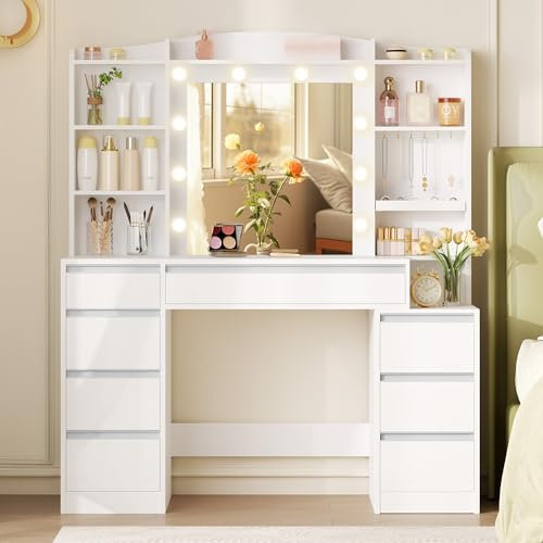 Hzuaneri Schminktisch mit 8 Schubladen, Schminktisch mit Großer Spiegel mit RGB-LED-Beleuchtung, Integrierte Schmuckablage, 100 cm breite Arbeitsplatte mit Nachttisch, Weiße DT41103XEU‌