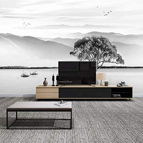 XLMING Grey Lake Trees Mountains Boat Landscape 3D Wallpaper Home Study Office Grey Dining Room Sofa Bedroom Living Room TV Backdrop-430cm×300cm