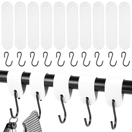 Kixolo Kleiderhaken Garderobe, 10 Stück Haken mit Lederschlaufe, Edelstahl S Haken Schwarz, Garderobenhaken, 12,5 * 3cm, Kleiderhaken für Garderobe und Camping (Weiß)