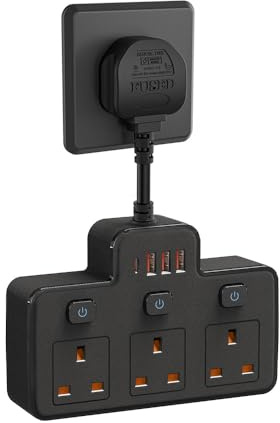 Multi Plug Extension, Short Extension Lead, 3 Way 4 USB Plug Adapter | Individual Switched Socket Extension Adapter, Short Extension Lead Power Strip for Bedroom, Office, Kitchen (Black)