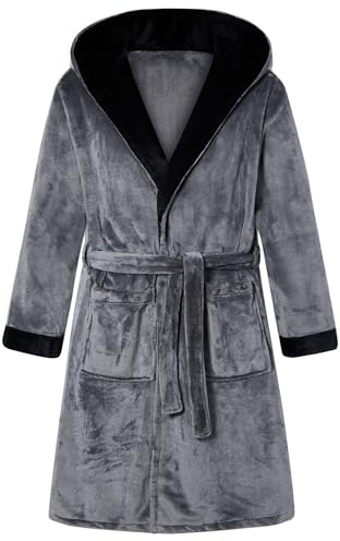 ALISISTER Badrock för män, flanell, fleece, morgonrock med huva, bastu, badrock för män, storlek M, XXL, GRÅ, M