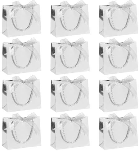 12 Stück Mini Geschenktüten mit Henkel, Silber Geschenktüten klein Geschenktaschen klein für Geburtstag, Hochzeit, Weihnachten, Babyparty