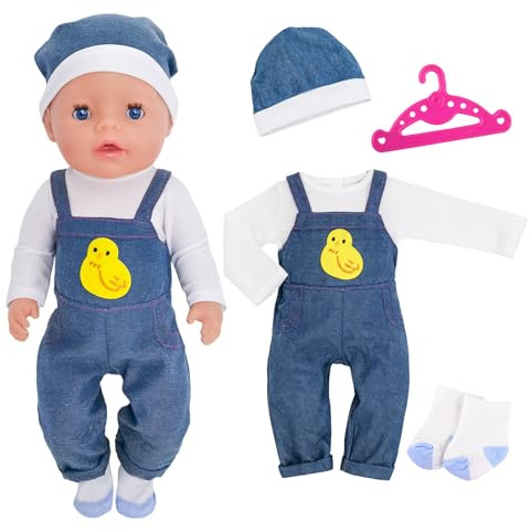 WanderGo Baby Puppen Puppenkleidung 35-43 cm, 4-teiliges Outfit mit Latzhose mit integriertem Oberteil + Mütze + Socken + Kleiderbügel Entenmotiv Babypuppe Kleidung für 14-18 Zoll Puppen(Ohne Puppe)