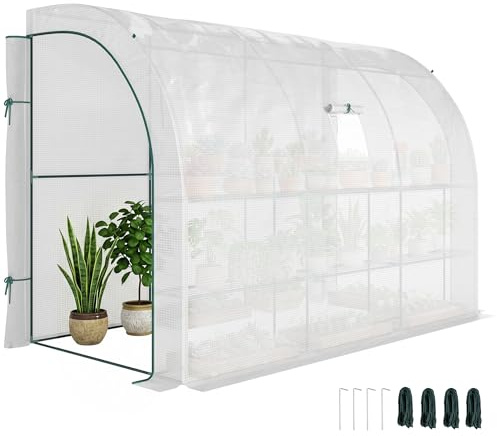 Outsunny Serre de Jardin Adossée avec Étagères 3 Niveaux, Petite Serre de Balcon en Bâche PE 140 g/㎡ Renforcée et Châssis Acier, pour Légumes et Fleurs, Intérieur et Extérieur, 300x150x213cm, Blanc